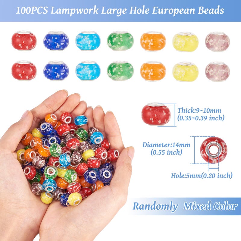 BB Beadthoven Beadthoven 100pcs Glow in The Dark Beads Handmade Luminous Lampwork Style Large Hole European Beads with Silver Tone Brass Cores Mixed Color Rondelle Glass Beads 14x9-10mm Hole: 5mm - Image 3